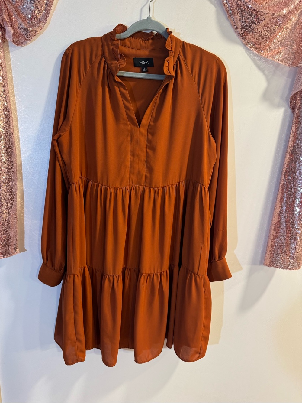 MSK Rust Tiered V-Neck Long Sleeve Tunic Dress